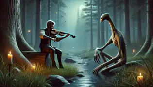 Lars practices by the riverbank as the Neck plays a bone fiddle nearby under soft moonlight.