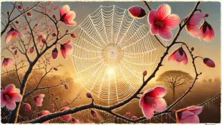 Nahaufnahme eines schimmernden Spinnennetzes vor rosa Ceibo-Blüten im Morgengrauen