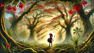 Mist-covered Ceibo forest at dawn with red blossoms glittering like embers