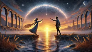 Silhouetted figures of two lovers reaching across a glowing river at dusk