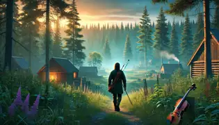  Lars walks along a dawn-lit forest path with his fiddle, returning to his village after mastering the Neck’s music.