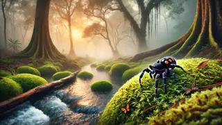 Anansi de pé ao lado de uma fonte borbulhante, enquanto observa o mundo com um sorriso astuto.