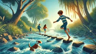 Niños equilibrándose sobre piedras en el río y adentrándose en el bosque profundo en busca de un oso.