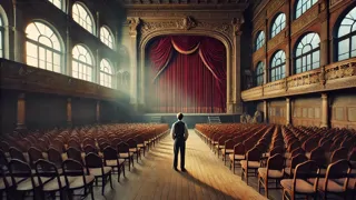 Paul blickt sehnsüchtig auf die Vorhänge der Bühne in einem leeren Theater.