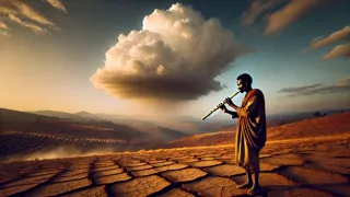 Primeras nubes pálidas atraviesan un cielo despejado sobre tierra reseca y agrietada.