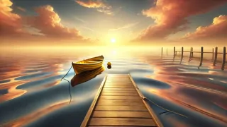 Barca amarilla amarrada en un puerto tranquilo al amanecer