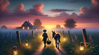 Jacob segurando uma maçã brilhante enquanto caminha para casa com seu burro ao entardecer