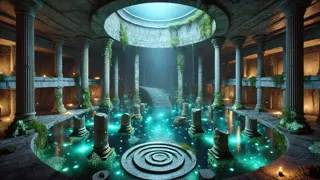 Ruinenhafte versunkene Stadtplatz, beleuchtet von biolumineszentem Wasser und Mondlicht