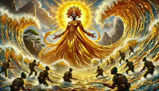 Oshun emerges glowing with golden light from the churning Osun River, confronting soldiers fleeing in terror.