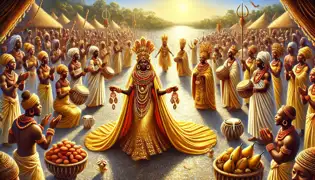 The Festival of Oshun, with priestesses in golden robes leading a lively procession and performing a ceremonial dance.