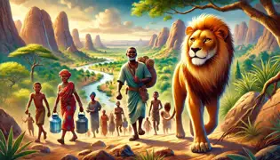 Kélé leads villagers through rocky hills, accompanied by the lion, Fari, on their journey to find a hidden spring.