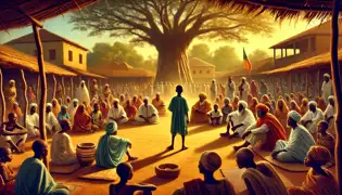 A tense village meeting under a baobab tree with elders and villagers discussing Kélé’s actions and the lion.