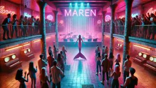 Electrified crowd cheering Maren's neon-lit performance