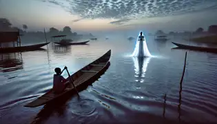 A boy paddles a canoe on the calm Niger River under twilight, staring at a glowing figure standing on the water.