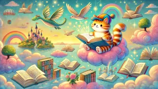 A cat in a striped cap reading a glowing book while floating on soft clouds