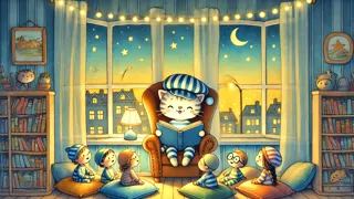 A striped cat in a cap nestled in dusk light reading beside a window