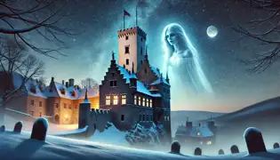 The ghostly figure of the White Lady gazes out from a tower of Houska Castle on a snowy winter night.