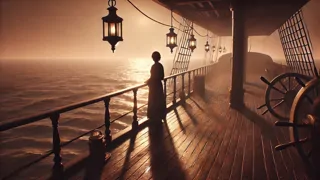 Un pont de navire au lever du jour, avec une femme regardant vers la mer ouverte.