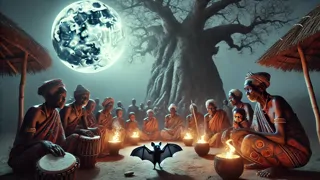 Obiaku, el murciélago, pronunciando su juramento bajo la luna llena frente a los ancianos del pueblo.