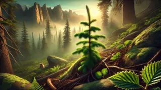 Newborn cedar sapling beneath towering trees in a misty valley at sunrise