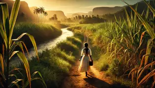  Isabela walks through sugarcane fields under the golden morning sun, carrying a satchel as she embarks on her journey.