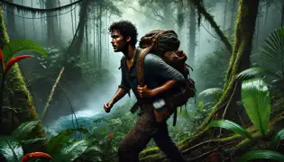 Jovan, a young explorer, trekking through Dominica’s dense rainforest, determined to uncover the secrets of the Boiling Lake