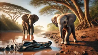 Trompa de una cría de elefante sostenida por un cocodrilo en el río