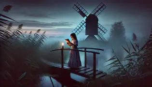 A girl in a 19th-century dress stands on a wooden bridge at dusk, reading a letter aloud as the windmill looms behind her.