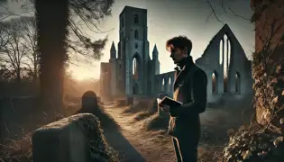 Erik Norberg examines the ruins of St. Clement’s Church as the setting sun casts eerie shadows on the ancient stonework.