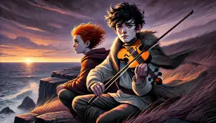 Einar, a young musician, plays his violin on a cliffside at dusk while Sigrún sits beside him, puzzled by a mysterious melody in the wind.