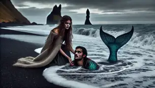 Sigrún kneels on a black sand beach, pulling a mysterious merman from the waves. His shimmering tail glistens in the moonlight.