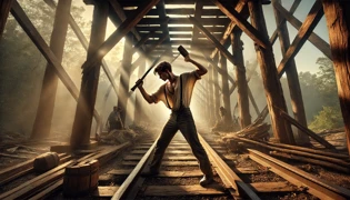 El joven John Henry balanceando un martillo bajo las altas vigas del ferrocarril.