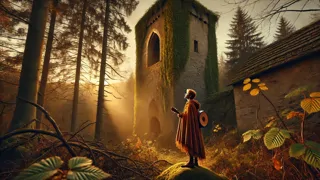A traveling minstrel standing among brambles at the base of a high tower, gazing up