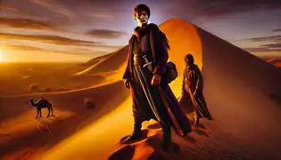 Idris stands at the base of a tall dune, with the Golden Camel shimmering faintly on the horizon.