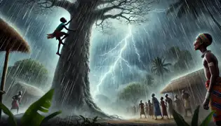 Young Nyamazana climbs a towering baobab tree amid a fierce thunderstorm, lightning illuminating the terrified villagers below.