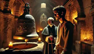 Mateo Rojas and Father Esteban stand in a dim crypt, gazing at the ancient Silver Bell adorned with glowing carvings.