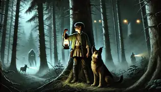  Ionuț, a young shepherd, stands at the edge of a dense, moonlit forest, holding a lantern as mist swirls around him.