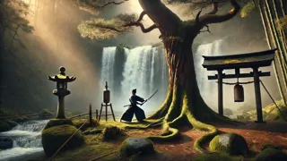 Masaru practicing sword stances beneath an ancient pine by Kirisame Falls