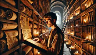 A young scholar, Andrei Munteanu, studies an ancient manuscript in the dimly lit archives of Putna Monastery, Romania.