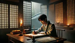 Yun-Seo, the scholar, sits at a wooden desk, writing in his journal by candlelight, with the misty bamboo grove visible outside.