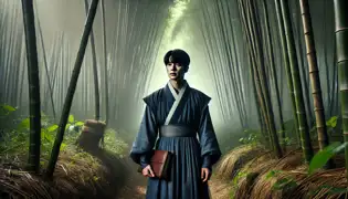 Yun-Seo, a young scholar, stands at the entrance of a misty bamboo grove, holding a leather-bound journal in his arms.