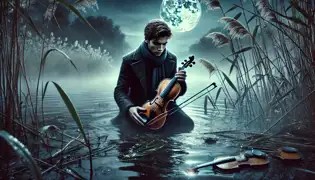 Lukas Eisenberg kneels by the Danube at night, discovering a mysterious violin among the reeds under the moonlight.