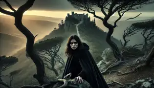 Mara Petrović climbs Klek Mountain at dusk, her dark cloak billowing as she approaches the misty ruins in the distance.