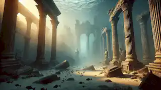 The ruins of Atlantis submerged underwater, illuminated by sunlight with fish swimming among the ancient structures.