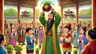 The Emperor holds Ping's empty pot aloft before the crowd, recognizing Ping's honesty and choosing him as the next Emperor.