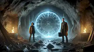 Emma and Professor Stern face a glowing stone door in the ancient tunnels beneath Mannheim.