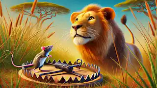 Leo the lion caught in a hunter's trap with Mosi the mouse by his side.