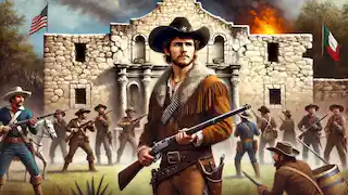 Davy Crockett's final stand at the Alamo, holding his rifle with a determined expression.