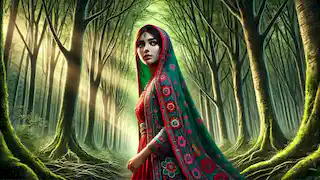 A young Persian woman walking through a dense forest with ancient trees and magical glowing lights filtering through.