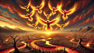 Ten radiant Golden Crows flying together, their fiery glow scorching the earth, with dry rivers and burning fields below.